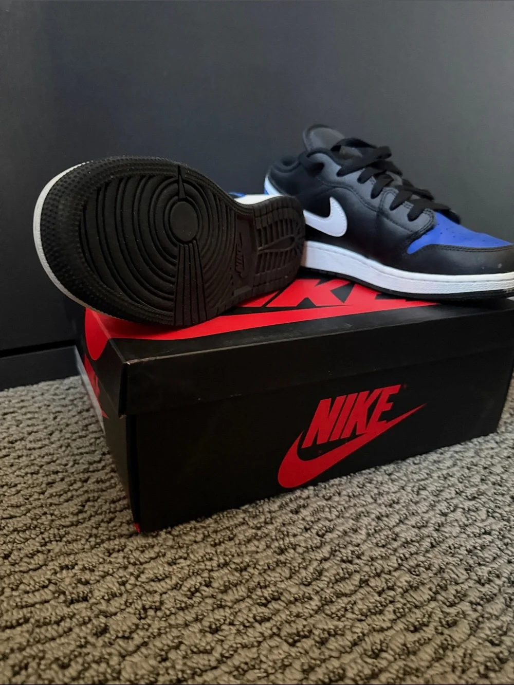Like New, Nike Boys Jordan 1 Black, Blue & White Low-Top Sneakers
